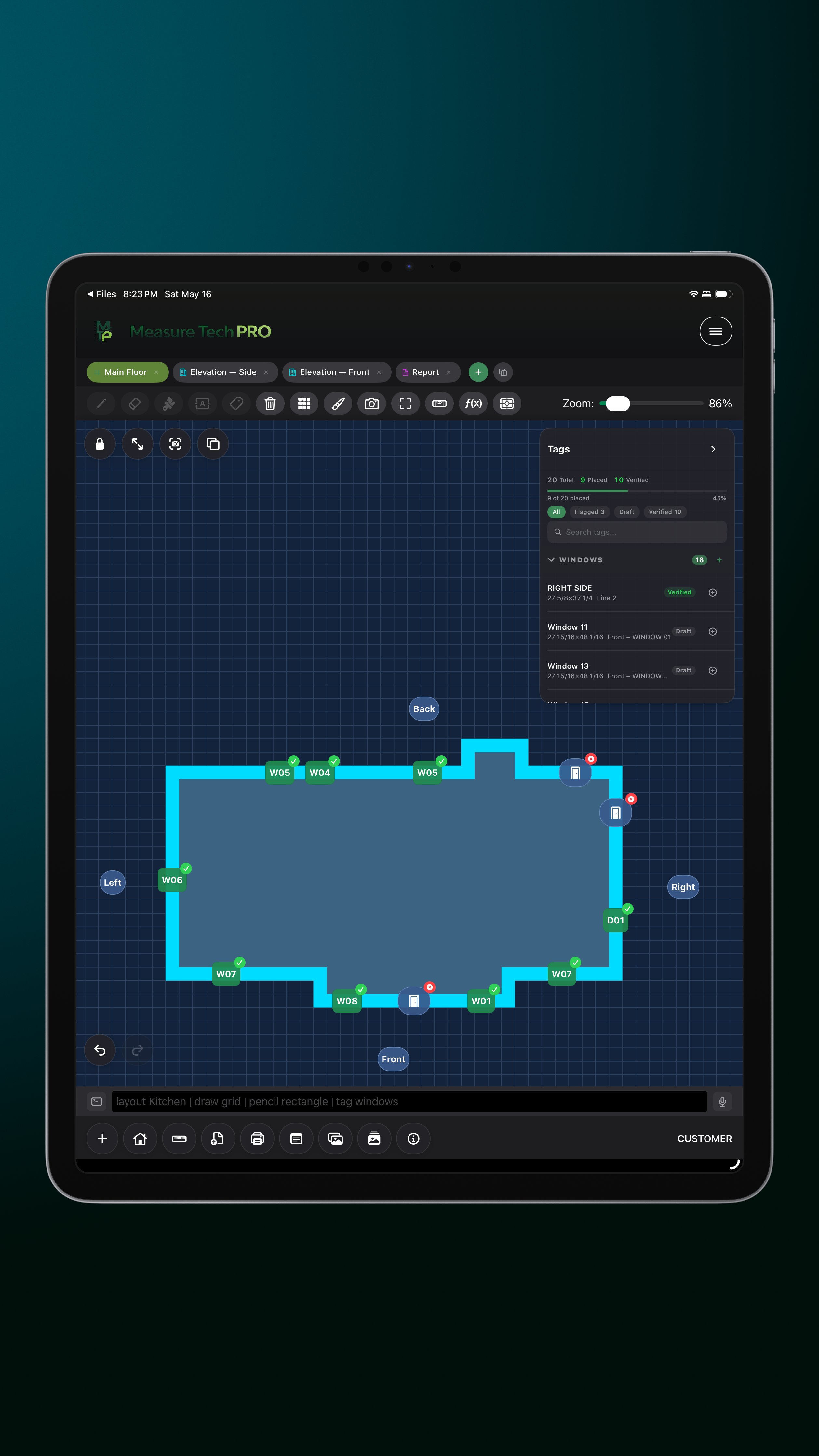 Measure Tech PRO on iPad — Floor plan with tag panel